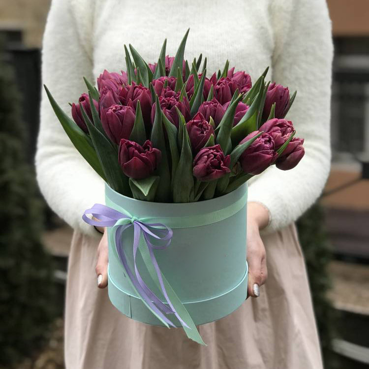 25 фіолетових тюльпанів в коробці від